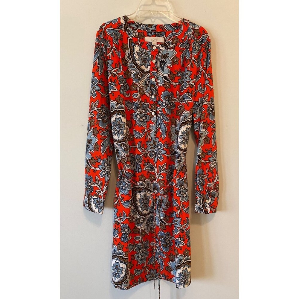 Loft Dress Red & Blue Floral Knee-Length Long Sleeves Medium